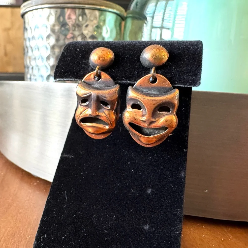 Vintage Copper Comedy and Tragedy Mask Earrings